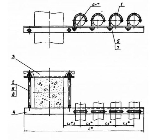 Крепления четырёх трубопроводов к ж/б колоннам в Пинске