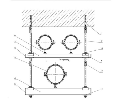 Крепления трех трубопроводов к перекрытию в Пинске