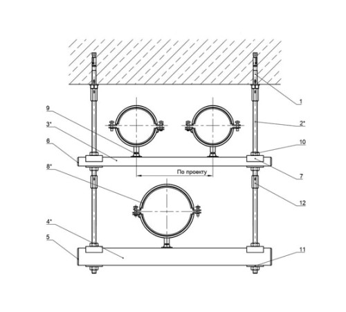 Крепления нескольких трубопроводов к перекрытию в Пинске
